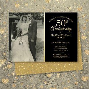 Invitation En Aluminium Photo Mariage du 50e anniversaire Noir et or
