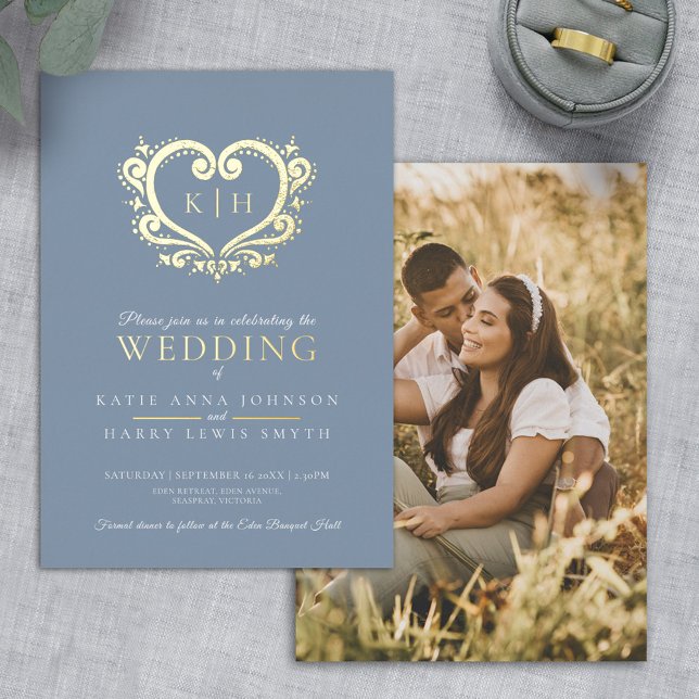 Invitation En Aluminium Photo mariage gris bleu coeur or monogramme (Créateur téléchargé)