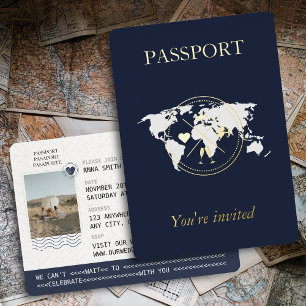 Invitation En Aluminium Photo Mariage unique Gold & Navy Blue Passport