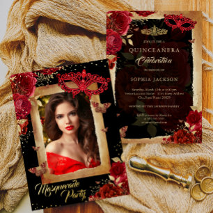 Invitation En Aluminium Photo Masquerade Party Quinceanera Rouge Rose Or