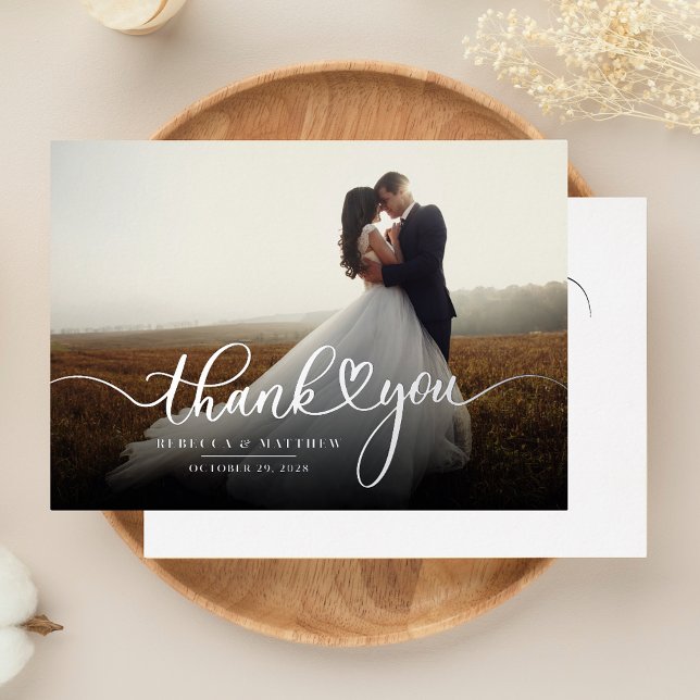 Invitation En Aluminium Photo Merci Argent de jour de mariage (Wedding Photo Script Hand-Lettered Silver Foil Thank You Card)