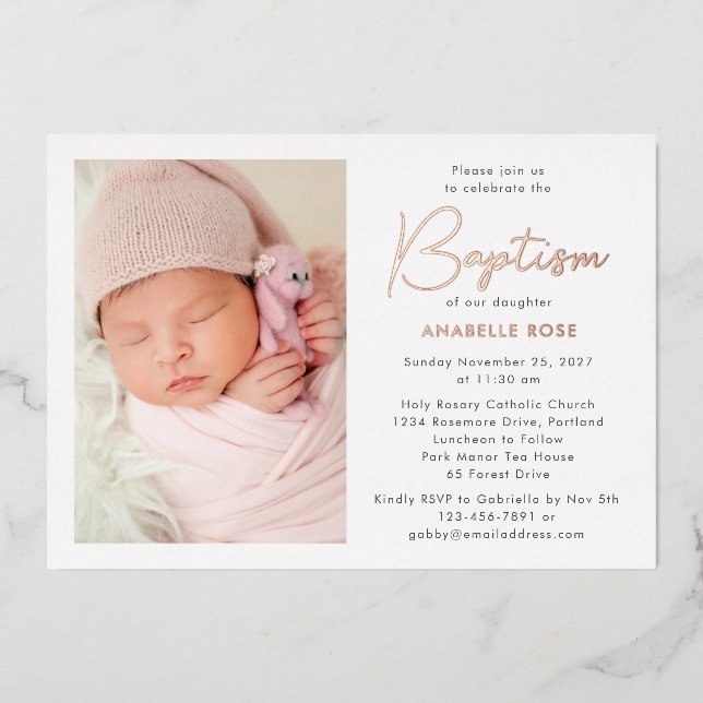 Invitation En Aluminium Photo moderne Baptême Rose Or (Recto)