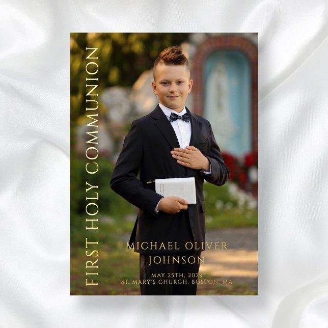 Invitation En Aluminium Photo moderne Boy First Holy Communion Gold (Modern Photo Boy First Holy Communion Gold Foil Invitation)