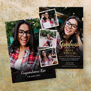 Invitation En Aluminium Photo moderne Collage Graduation Party Gold Foil I