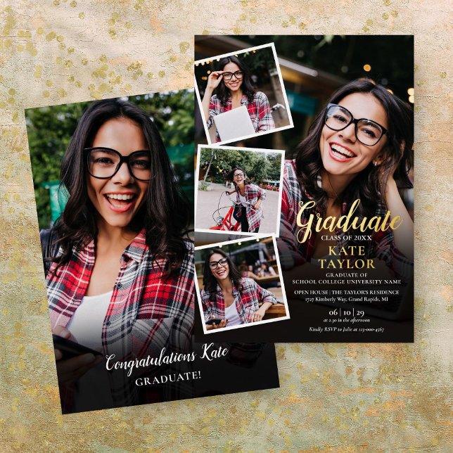 Invitation En Aluminium Photo moderne Collage Graduation Party Gold Foil I (Modern Photo Collage Graduation Party Gold Foil In Foil Invitation)
