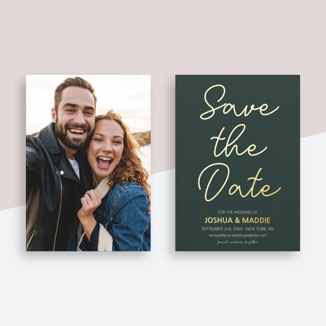 Invitation En Aluminium Photo Moderne Enregistrer La Date Dark Green Real  (Modern Photo Save The Date Dark Green Real Gold Foil Invitation
)