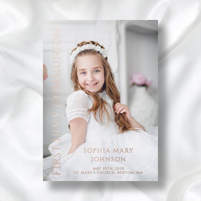Invitation En Aluminium Photo moderne fille Première Sainte Communion Rose (Elegant Girl First Communion Photo Rose Gold Foil Invitation)