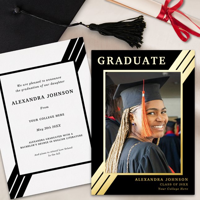Invitation En Aluminium Photo moderne Gras Grandes Grandes Photos Noir et  (Modern black and gold foil stripes graduate photo  graduation announcement card )