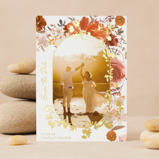 Invitation En Aluminium Photo Ovale Florale Moderne Enregistrer La Date Or