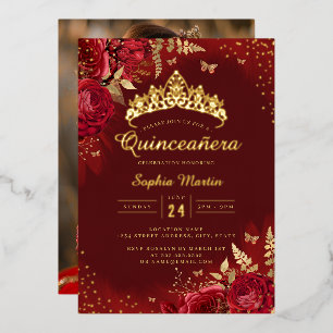 Invitation En Aluminium Photo Papillon Rouge Or Floral Quinceanera