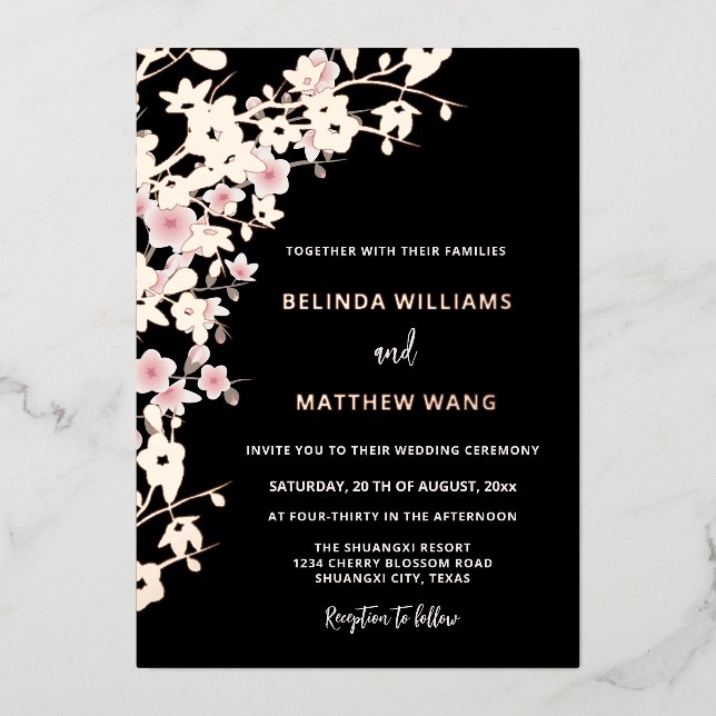 Invitation En Aluminium PHOTO Pink Rose Gold Cherry Blossom Wedding (Recto)