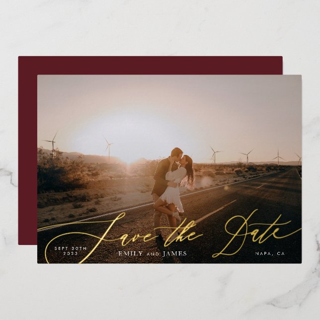 Invitation En Aluminium Photo QR Code Bourgogne & Gold Fall Calligraphie (Recto/Verso)