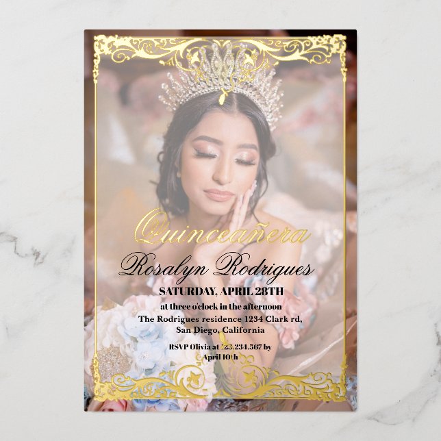 Invitation En Aluminium Photo Quinceañera Bohemian Real Gold Foil (Recto)