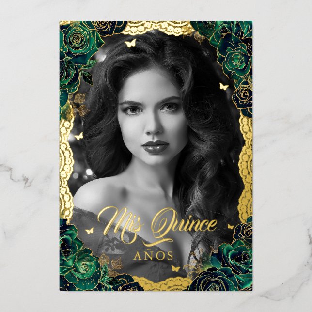 Invitation En Aluminium Photo Quinceanera Emerald Rose Gold Lace (Recto)