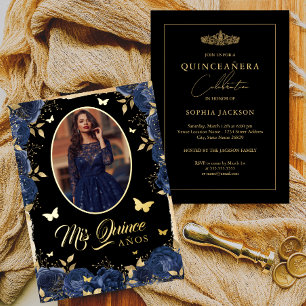 Invitation En Aluminium Photo Quinceanera Marine Blue Gold Rose Butterfly
