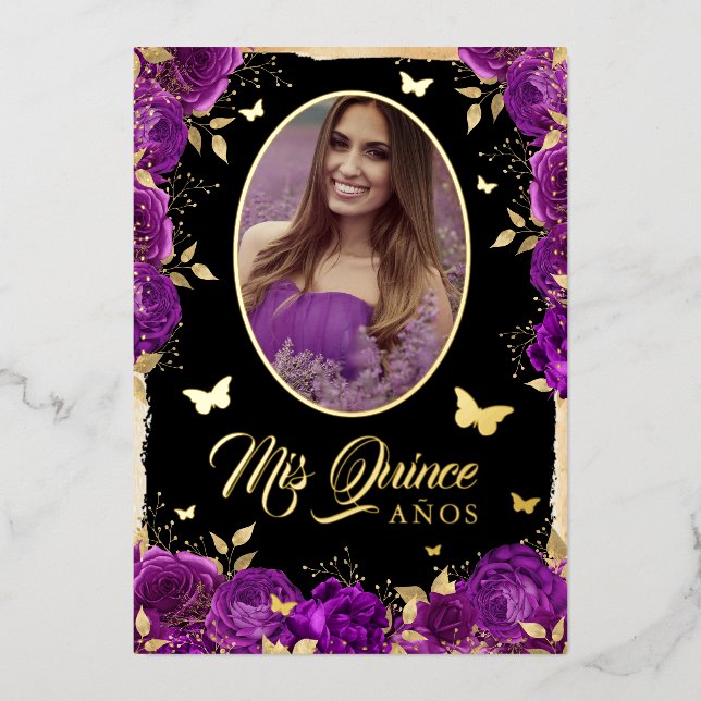 Invitation En Aluminium Photo Quinceanera Purple Gold Rose Papillon (Recto)