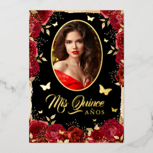 Invitation En Aluminium Photo Quinceanera Rouge Or Rose Papillon