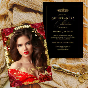 Invitation En Aluminium Photo Quinceanera Rouge Rose Or dentelle Anniversa