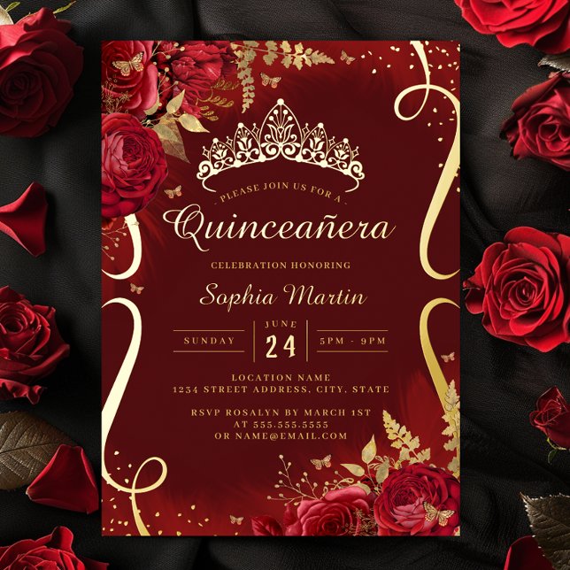 Invitation En Aluminium Photo Red Gold Floral Scroll Quinceanera (Créateur téléchargé)