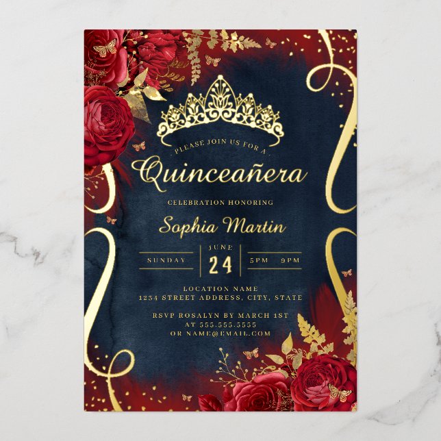 Invitation En Aluminium Photo Red Gold Navy Floral Scroll Quinceanera (Recto)