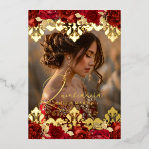 Invitation En Aluminium Photo Red Rose Gold Damask Floral Quinceanera