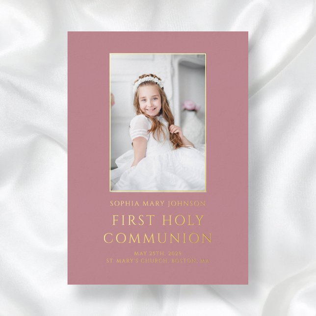 Invitation En Aluminium Photo rose Fille Première Sainte Communion Or (Pink Photo Girl First Holy Communion Gold Foil Invitation)