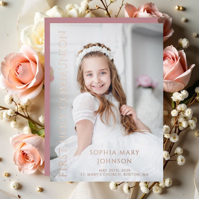 Invitation En Aluminium Photo Rose Fille Première Sainte Communion Rose Or (Photo Pink Girl First Holy Communion Rose Gold Foil Invitation)