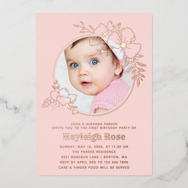 Invitation En Aluminium Photo Rose Gold Cadre Floral 1er anniversaire (Recto)