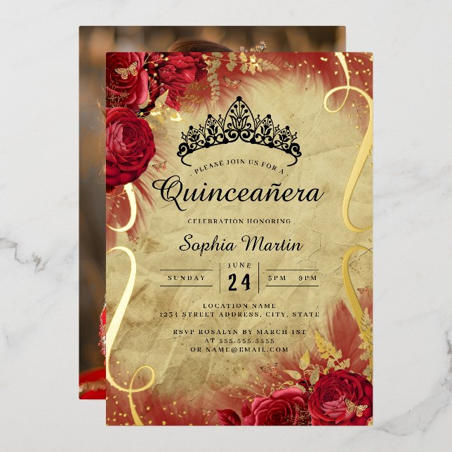 Invitation En Aluminium Photo Rouge Flore Défilé Quinceanera (Recto/Verso)