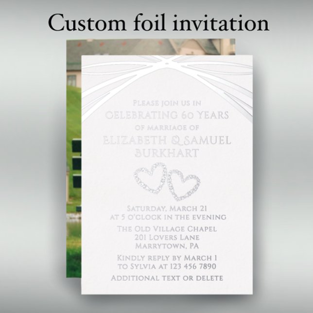 Invitation En Aluminium Photo simple élégante Arc 60e anniversaire Mariage (Personalize this template for a lovely custom silver foil 60th wedding anniversary party invitation.)