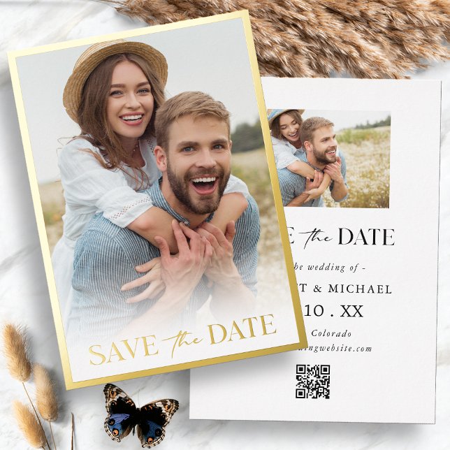 Invitation En Aluminium Photo Simple Enregistrer La Date (Photo Simple Modern Gold Frame Save The Date Foil Invitation QR Code by Painted Paperie
)