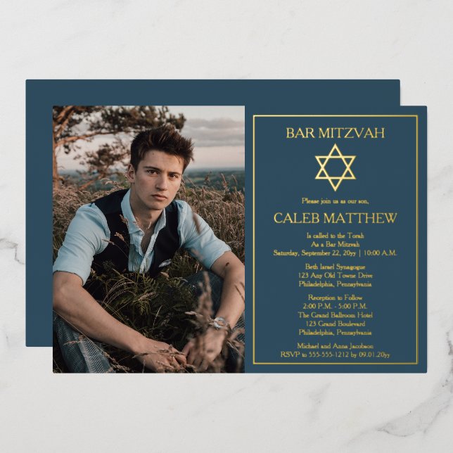 Invitation En Aluminium Photo | Star of David Dark Blue Bar Mitzvah (Recto/Verso)