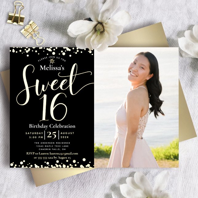 Invitation En Aluminium Photo Sweet 16 Anniversaire Moderne Noir Véritable (Créateur téléchargé)