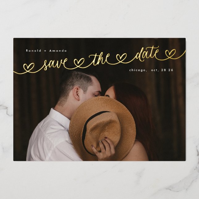 Invitation En Aluminium Photo Wedding Website Gold Hearts Save The Date (Recto)