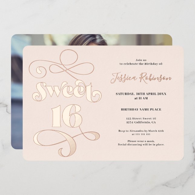 Invitation En Aluminium Photographie rétro rose vif Sweet 16 or rose (Recto/Verso)