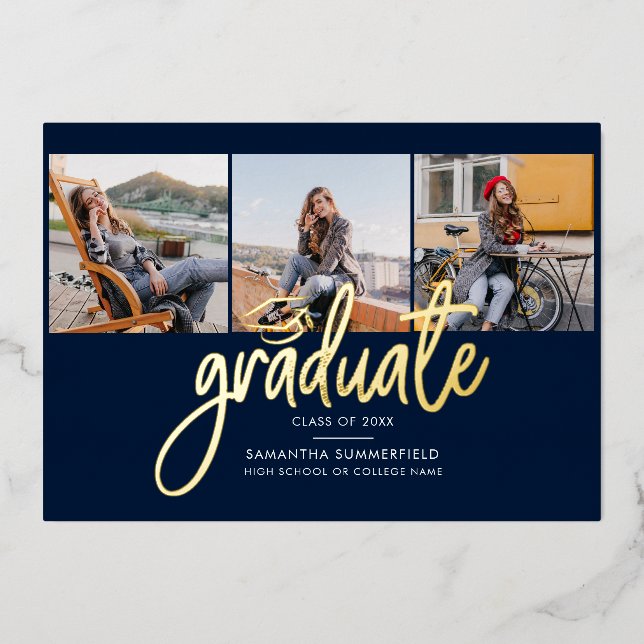 Invitation En Aluminium Photos de la graduation Marine Blue Gold Faire-par (Recto)