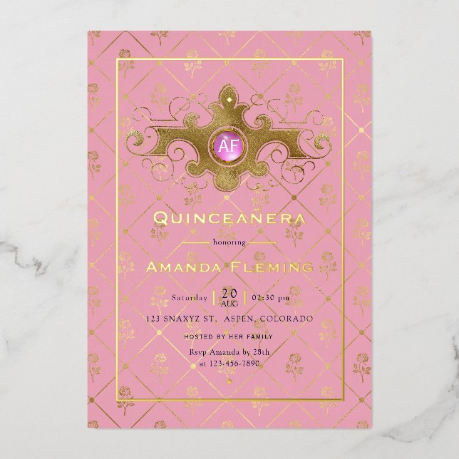 Invitation En Aluminium Pierre rose et or Quinceañera Monogramme (Recto)