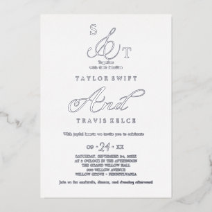 Invitation En Aluminium Pile argenté délicate   Mariage de monogramme offi