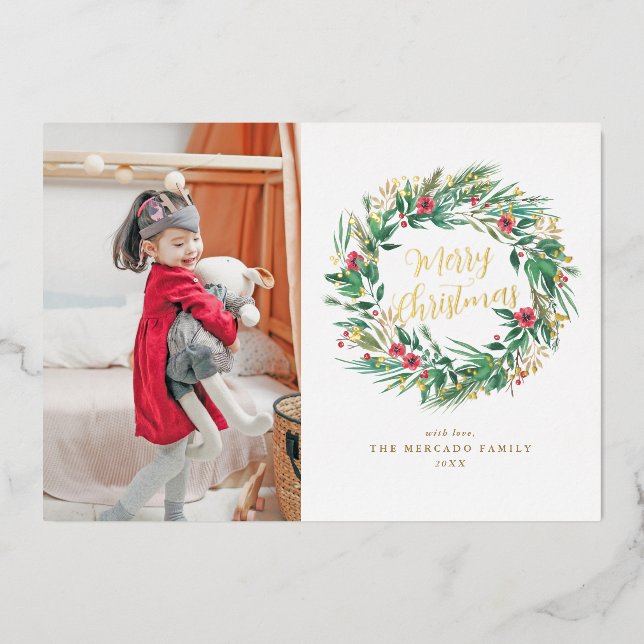 Invitation En Aluminium Pin d'aquarelle et courge de Berry Photo de Noël (Recto)