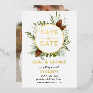 Invitation En Aluminium Pin Rustique Cône Fir Branches Photo Enregistrer L