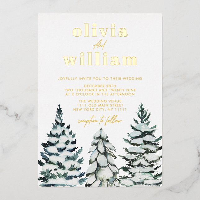 Invitation En Aluminium Pine Trees Neige hiver Noël Vacances Mariage (Recto)
