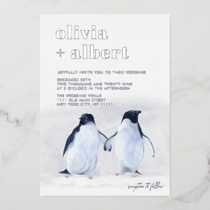 Invitation En Aluminium Pingouins Argent Hiver Élégant Mariage moderne