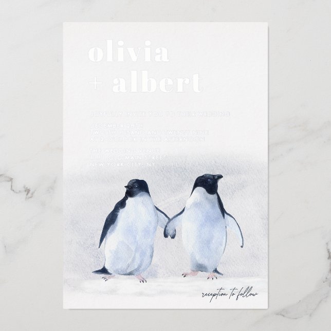 Invitation En Aluminium Pingouins Argent Hiver Élégant Mariage moderne (Recto)