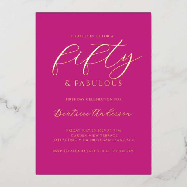 Invitation En Aluminium Pink 50 and Fabulous Birthday Gold (Recto)