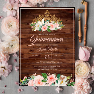 Invitation En Aluminium Pink Blush Floral Tiara Rustique Quinceanera