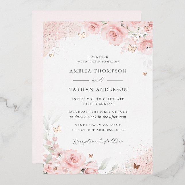Invitation En Aluminium Pink Blush Rose Gold Butterfly Wedding   (Recto/Verso)
