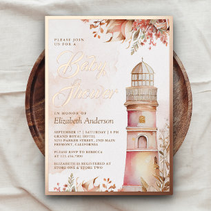Invitation En Aluminium Pink Boho Floral phare Baby shower Rose or