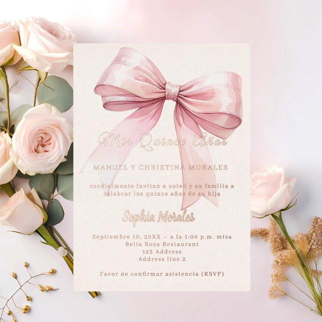 Invitation En Aluminium Pink bow cream elegant rose gold Quinceanera (Créateur téléchargé)