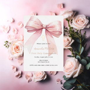 Invitation En Aluminium Pink bow crème fille or rose Première communion
