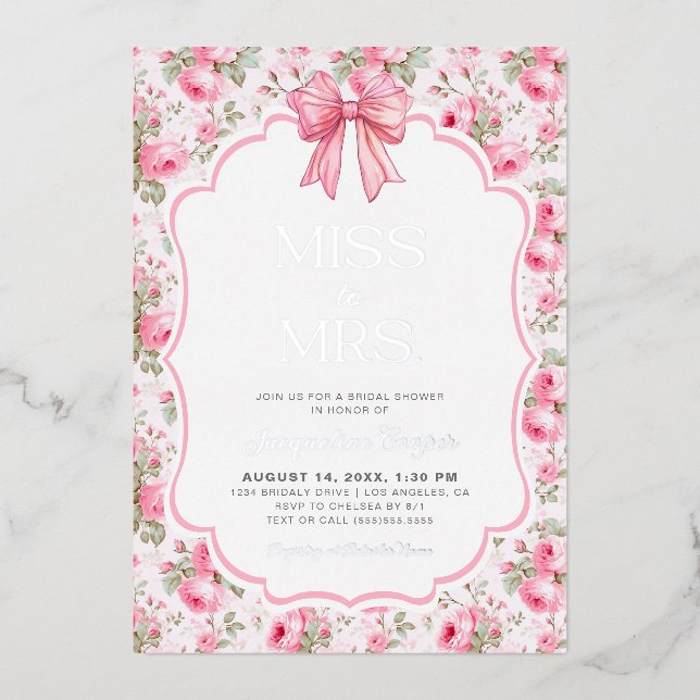 Invitation En Aluminium Pink Bow Miss à Mme Fête des mariées Real Silver (Recto)